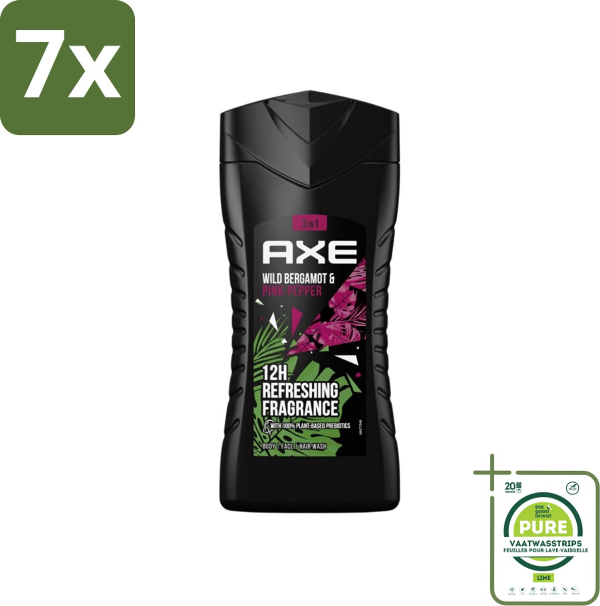 7 x Axe - 3-in-1 Douchegel - Wild Bergamot & Pink Pepper - 100% Plantaardig - 250 ml - Grootverpakking - Douchegel - Geur - Lichaam - Gezicht - Haar