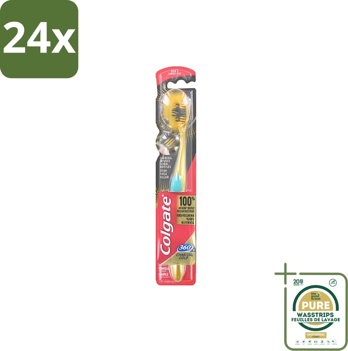 Colgate - Tandenborstel - 360 Charcoal Gold Soft - Zwart/Goud - 1 Tandenborstel - Voordeelverpakking - 24 stuks - Tanden reinigen - Tanden witter maken