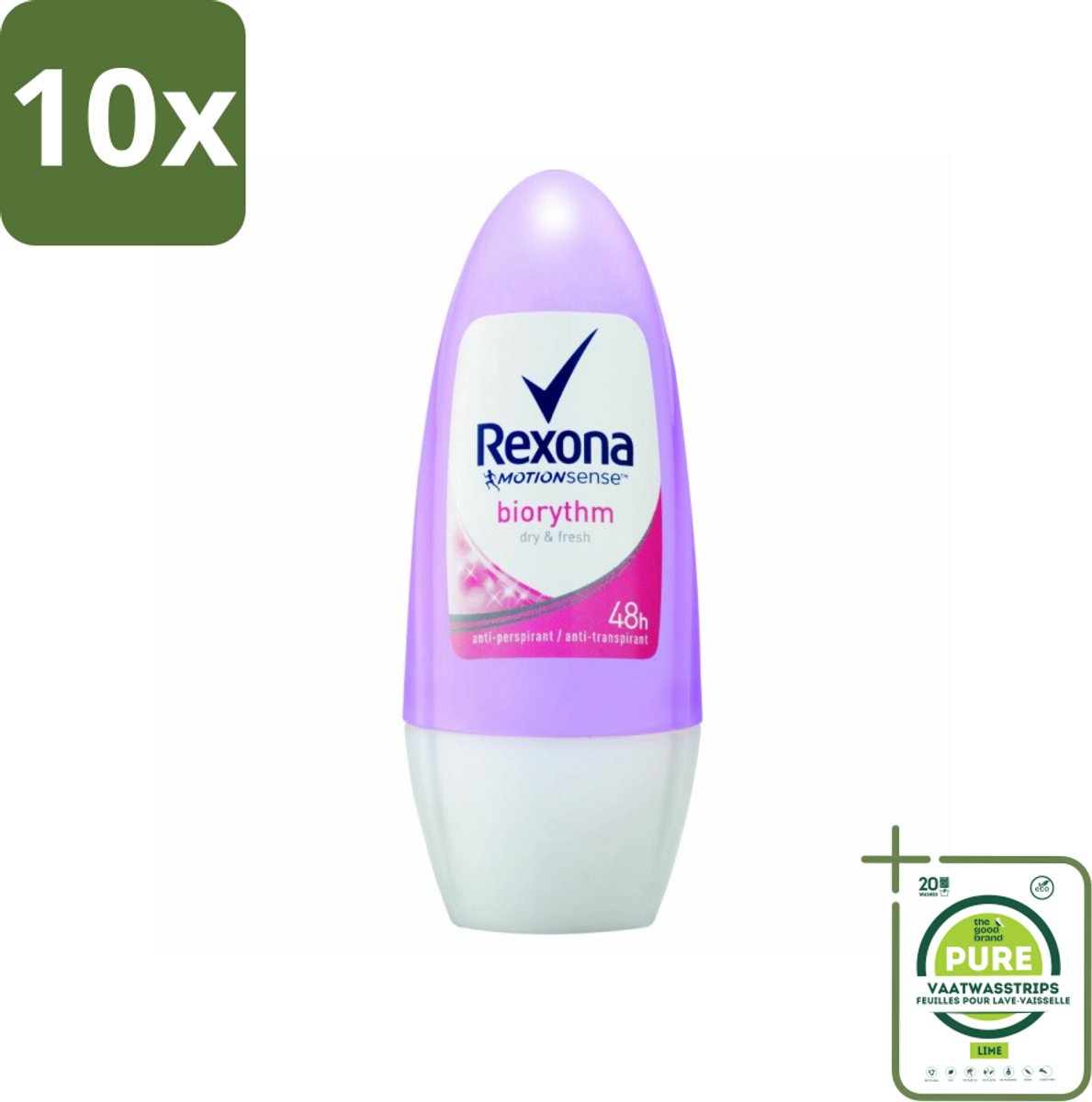 10 x Rexona - Biorythm - Deo Roll-on - Anti-transpirant - Anti-perspirant - 50 ml - Grootverpakking - Anti-transpirant - Zweetbehandeling - Deodorant - Biologisch Ritme - 48 Uur Bescherming