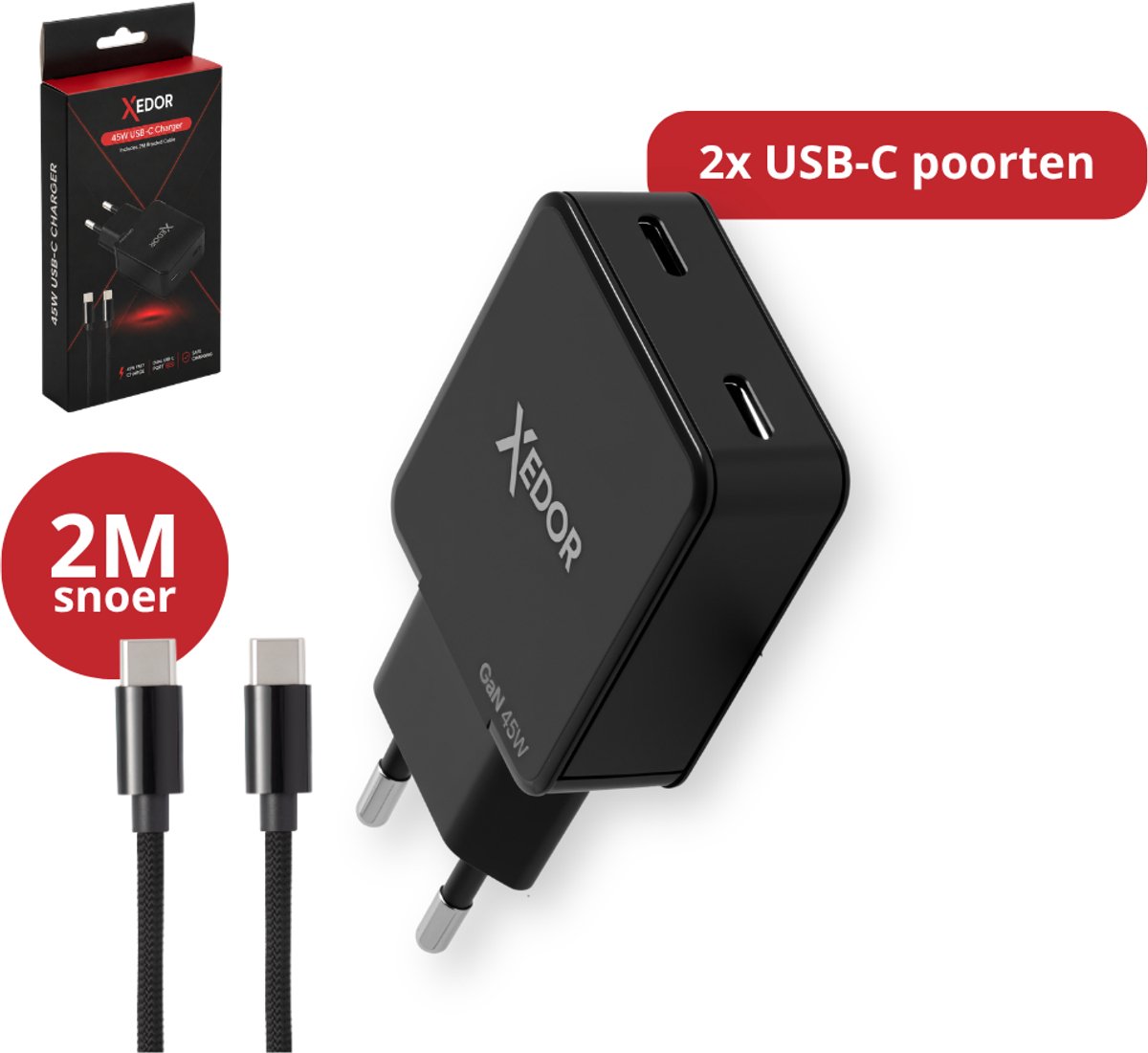 Xedor® Charge - 45W Snellader USB-C - Oplader USB-C met 2 Meter Gevlochten USB-C naar USB-C Kabel - GaN PD 3.0 Adapter USB-C - Geschikt voor Samsung, iPhone 15 / 16 / 17 / 18 (Pro) / Duo / Air, Tablet & Laptop - Zwart