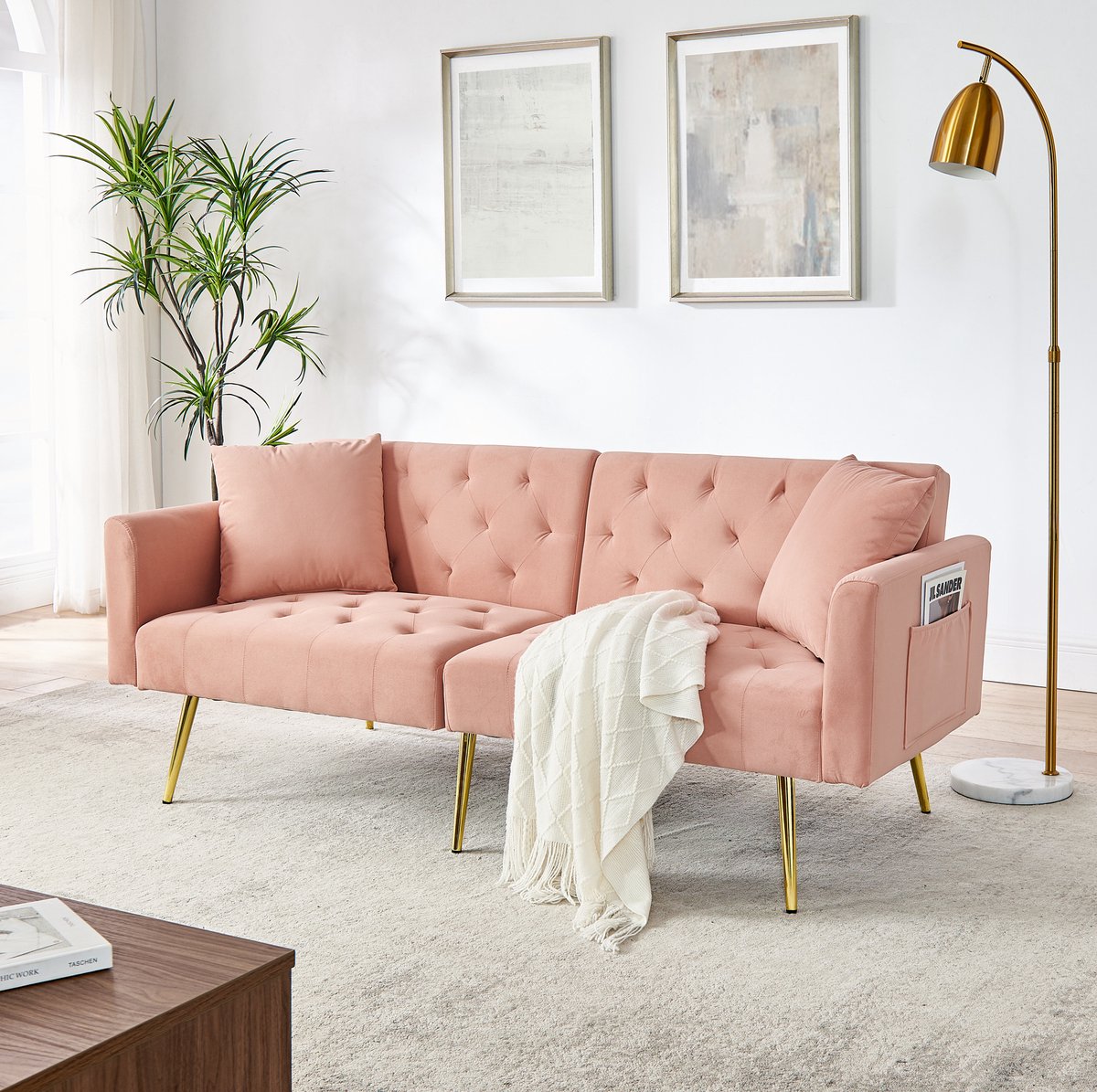 Wishdor Slaapbank - 2-zits - 3-traps verstelbare rugleuning - Velours - Roze - Met 2 kussens - Met slaapfunctie - 177 x 78 x 74 cm
