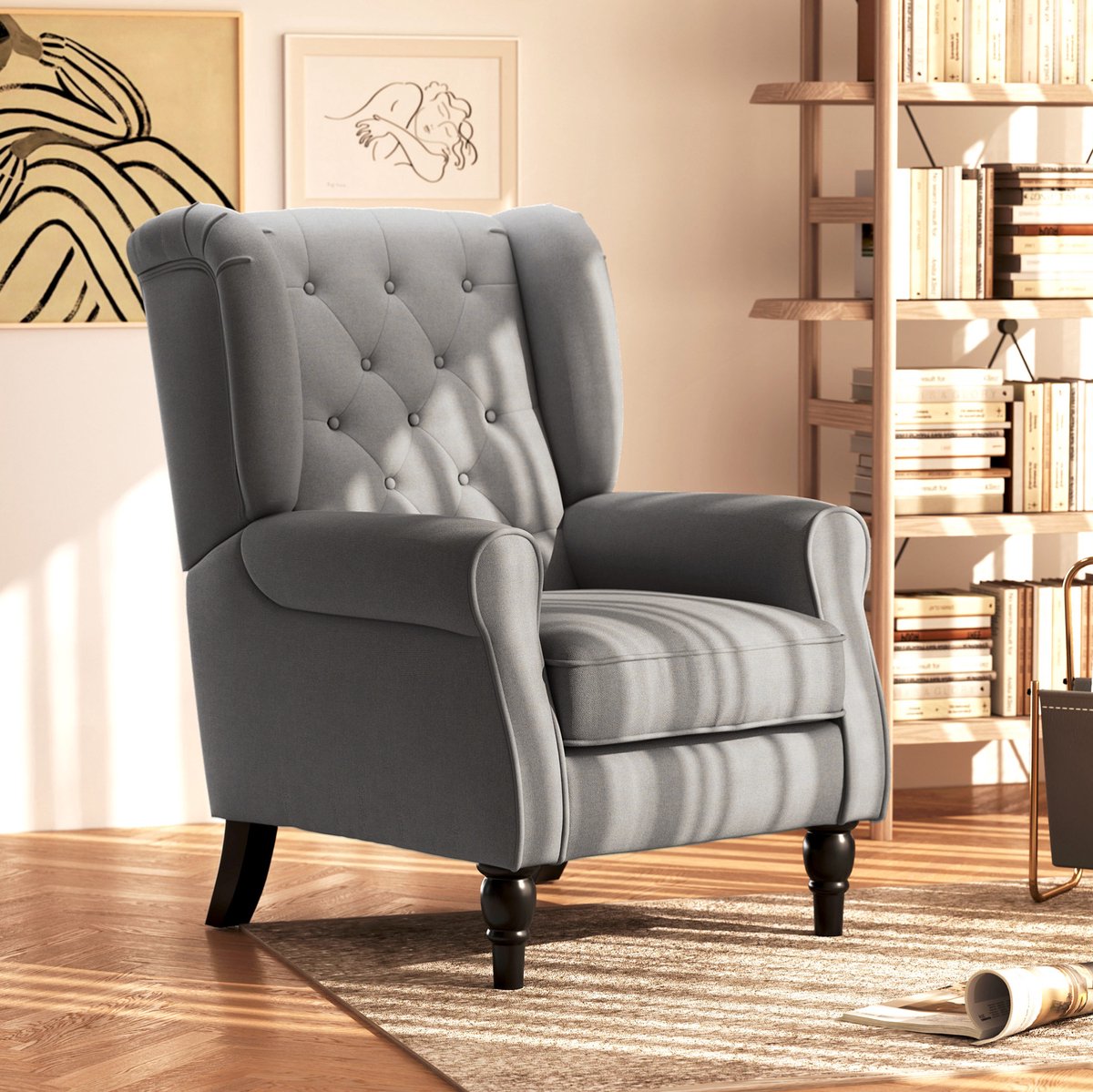 REDOM - Fauteuil - Hoge rugleuning met knopenstiksel - Vast model - Met armleuningen - Klassieke stijl - Woonkamer en slaapkamer - Polyester en hout - Donkergrijs - 74 x 86 x 102 cm