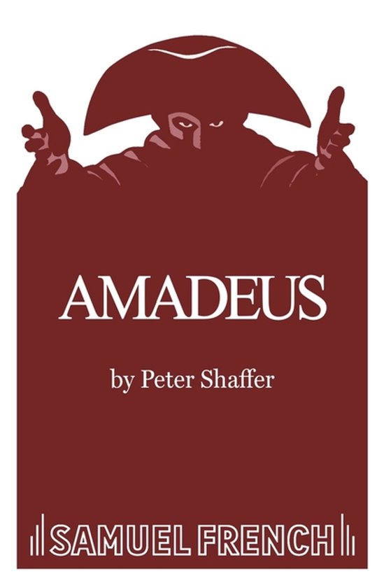 Boekomslag met 'AMADEUS' in grote witte letters, geschreven door Peter Shaffer. Gevuld met een silhouet van Napoleon.