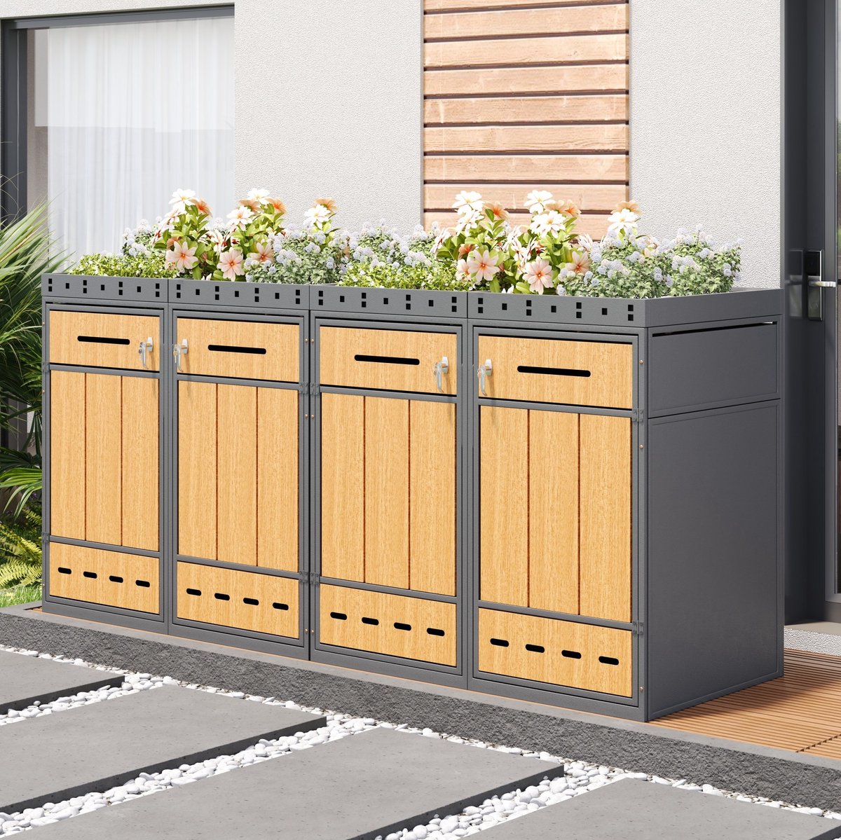 COVREO Containerberging 132 x 80 x 124 cm grijs houtlook met plantdak