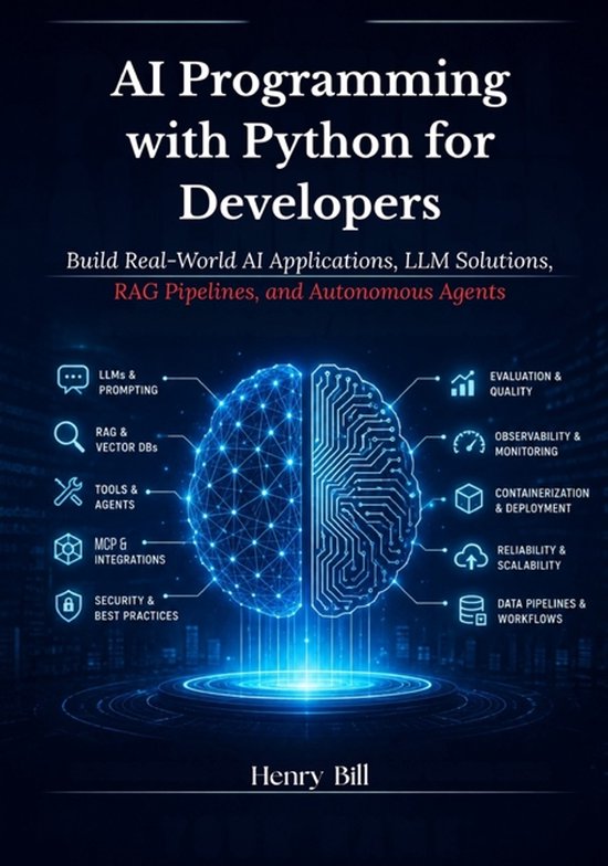 Boekomslag: 'AI Programming with Python for Developers' met een blauw digitaal brein en iconen voor AI-technologie.