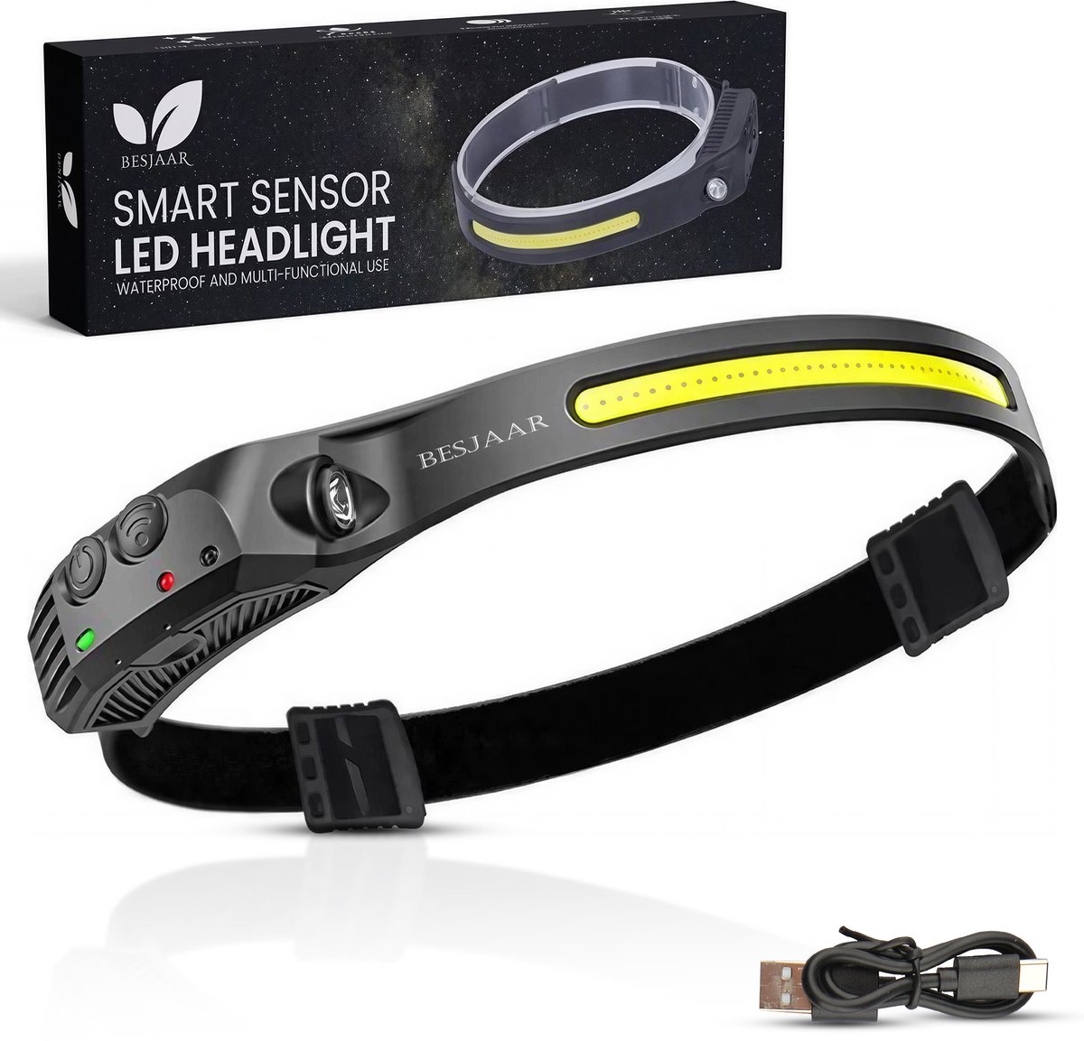 Besjaar Hoofdlamp LED Oplaadbaar - Met Bewegingssensor - 6 Lichtstanden - 400 Lumen - USB-C