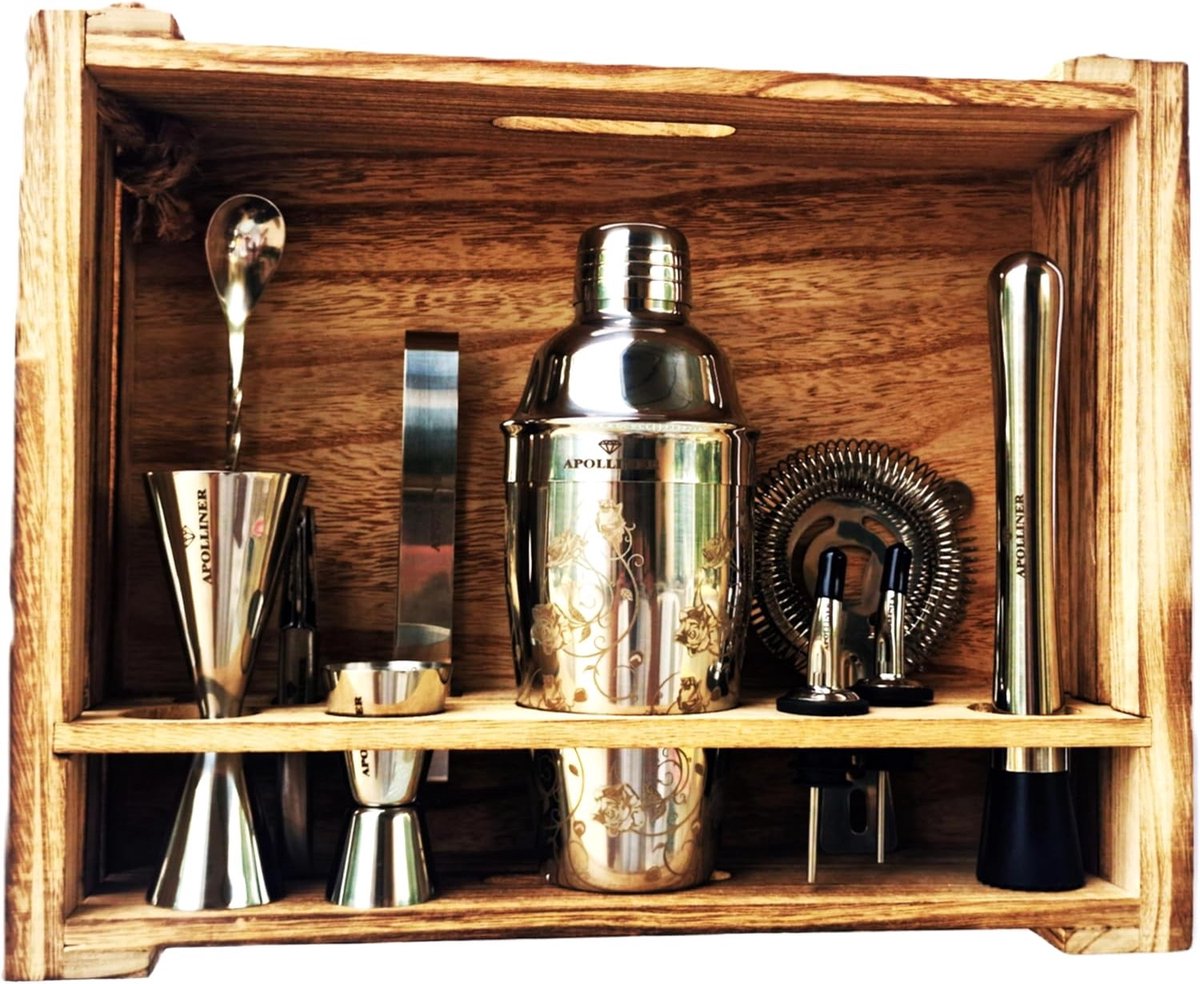 Cocktailshaker 16-delige Cocktailset - Roestvrij staal - 550 ml - Luxe Houten Kist - Voor Mannen en Vrouwen