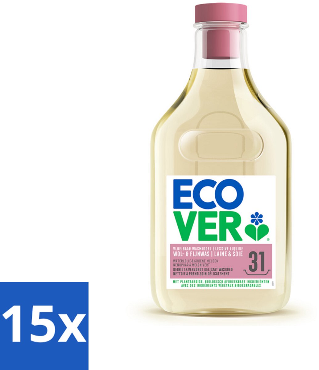 15 x Ecover Vloeibaar Wasmiddel Wol & Fijn Was - Waterlelie & Groene Meloen 31 Wasbeurten 1,43 liter - Wasmiddel Wol En Fijn Was - Vloeibaar Wasmiddel - Fijne Stoffen Was - Delicate Stoffen Was - Milieuvriendelijk Wasmiddel