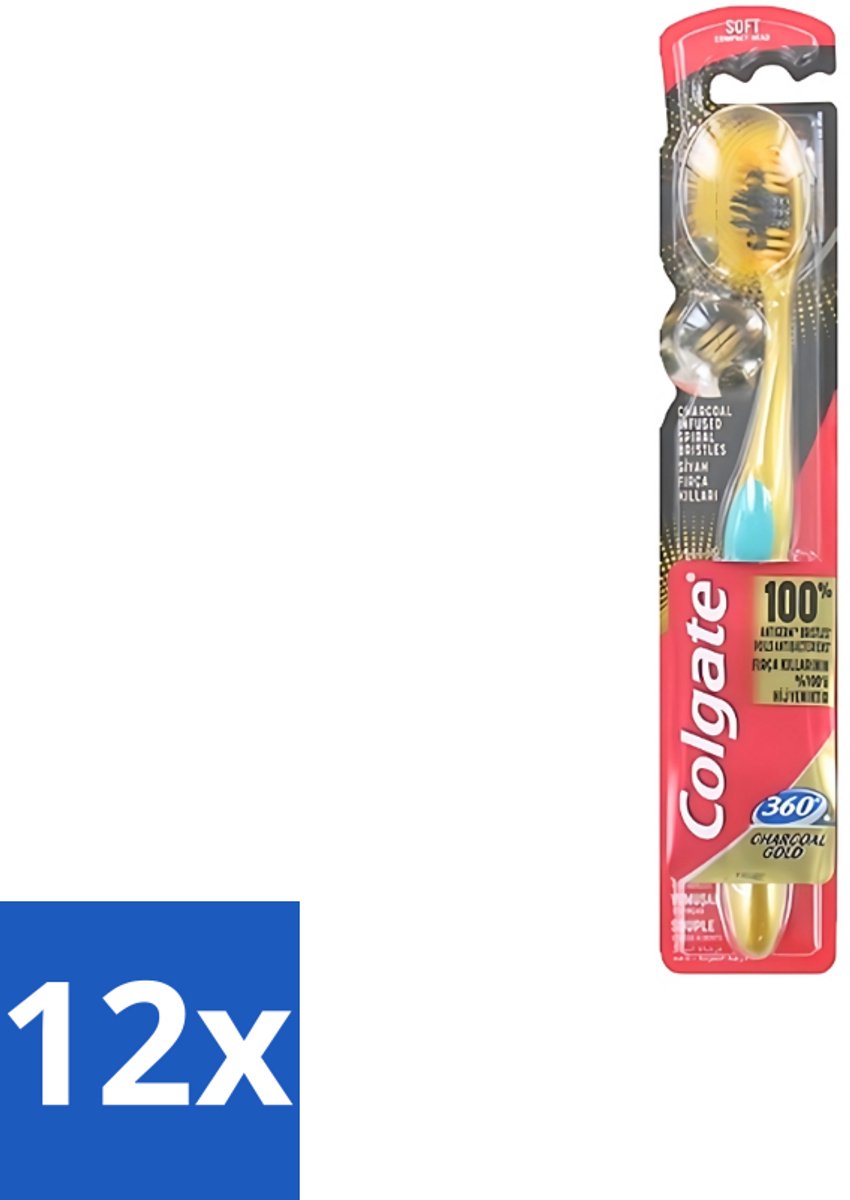 12 x Colgate - Tandenborstel - 360 Charcoal Gold Soft - Zwart/Goud - 1 Tandenborstel - Tandenborstel - Houtskool - Tanden Reinigen - Tanden Witter Maken - Tandenborstel Houtskool