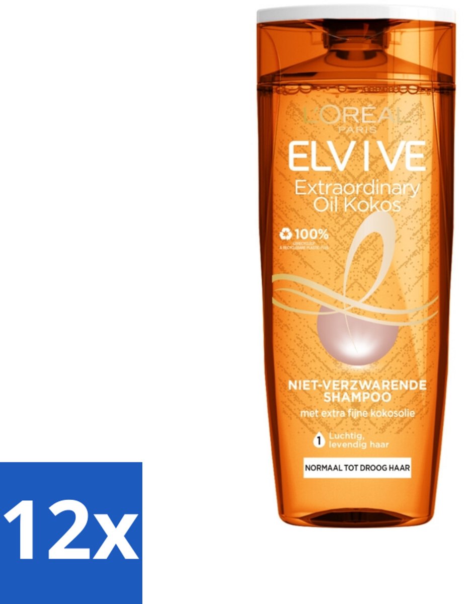 12 x L'Oréal Paris Elvive - Shampoo - Extraordinary Oil - Kokosolie - Voor Droog Haar - 250 ml - Droog Haar - Kokosolie Shampoo - Fijne Kokosolie - Siliconenvrije Shampoo - Voedend Shampoo