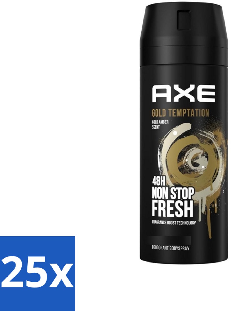 25 x Axe - Deodorant Bodyspray - 48hrs Non Stop Fresh - Gold Temptation - Gold Amber - 150 ml - Deodorant Bodyspray - Frisheid - Geur - Citrus - Kruiden