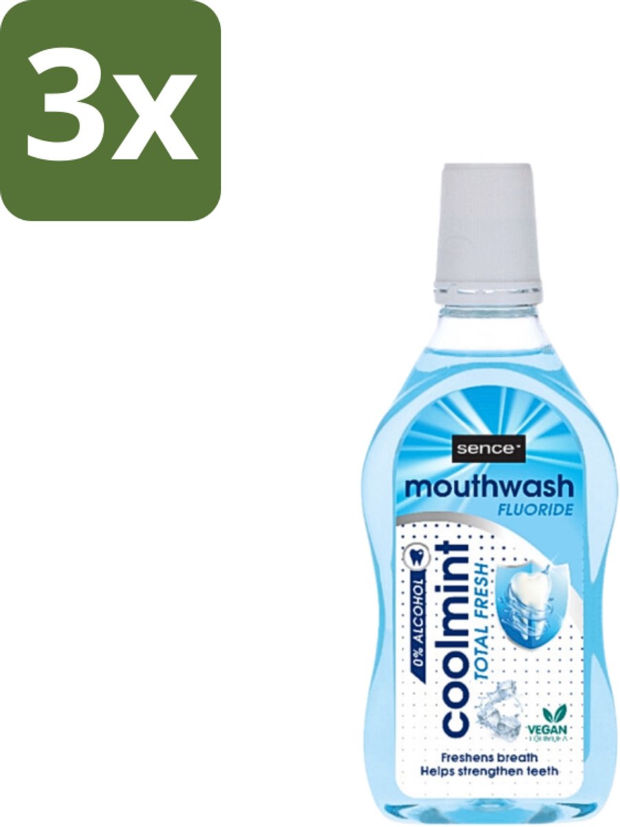 3 x Sence - Fresh Coolmint - Mondwater - Verfrissend - 500 ml - Mondwater - Frisse Adem - Koele Mint - Fluoride - Gaatjes Voorkomen