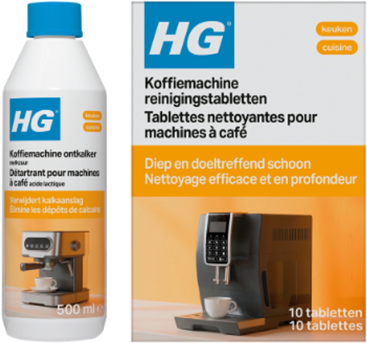 HG Koffiemachine Reinigingsset – Ontkalker met Melkzuur 500 ml + 10 Reinigingstabletten – Voor Koffiemachines