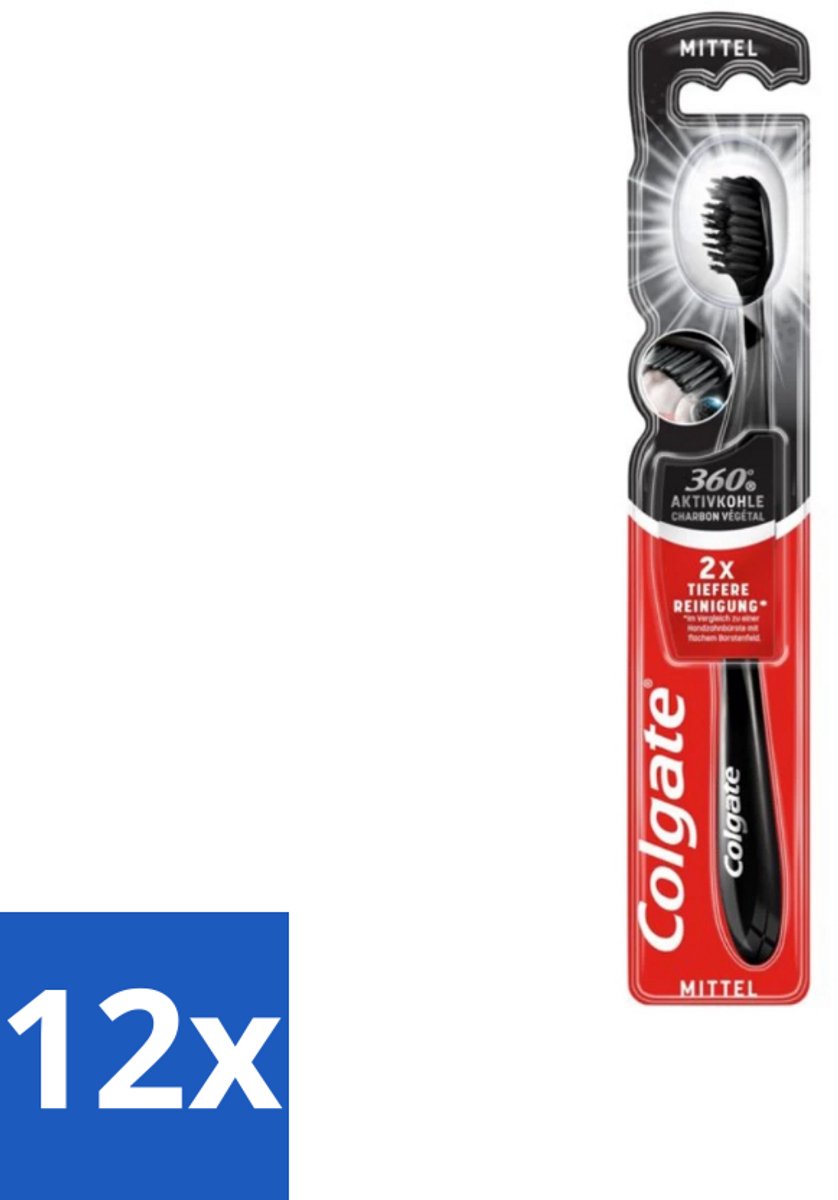 Colgate - Tandenborstel - Charcoal Black 360 Medium - Zwart - 1 Tandenborstel - Voordeelverpakking - 12 stuks