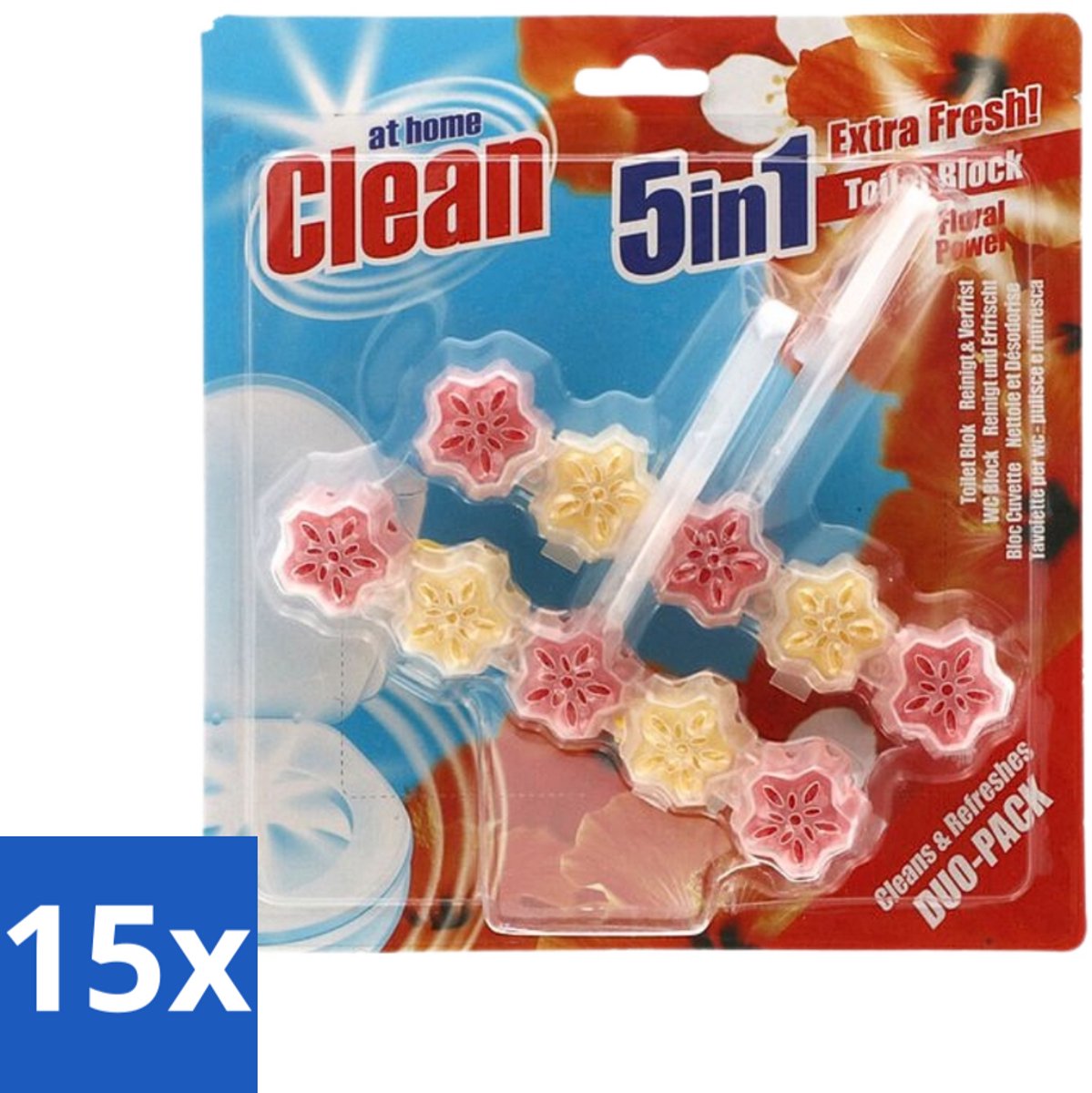 At Home - Clean - Toiletblok - 5in1 Active - Floral Power - Neutraliseert & Reinigt - 2 Blokken - Bulkverpakking - 15 stuks
