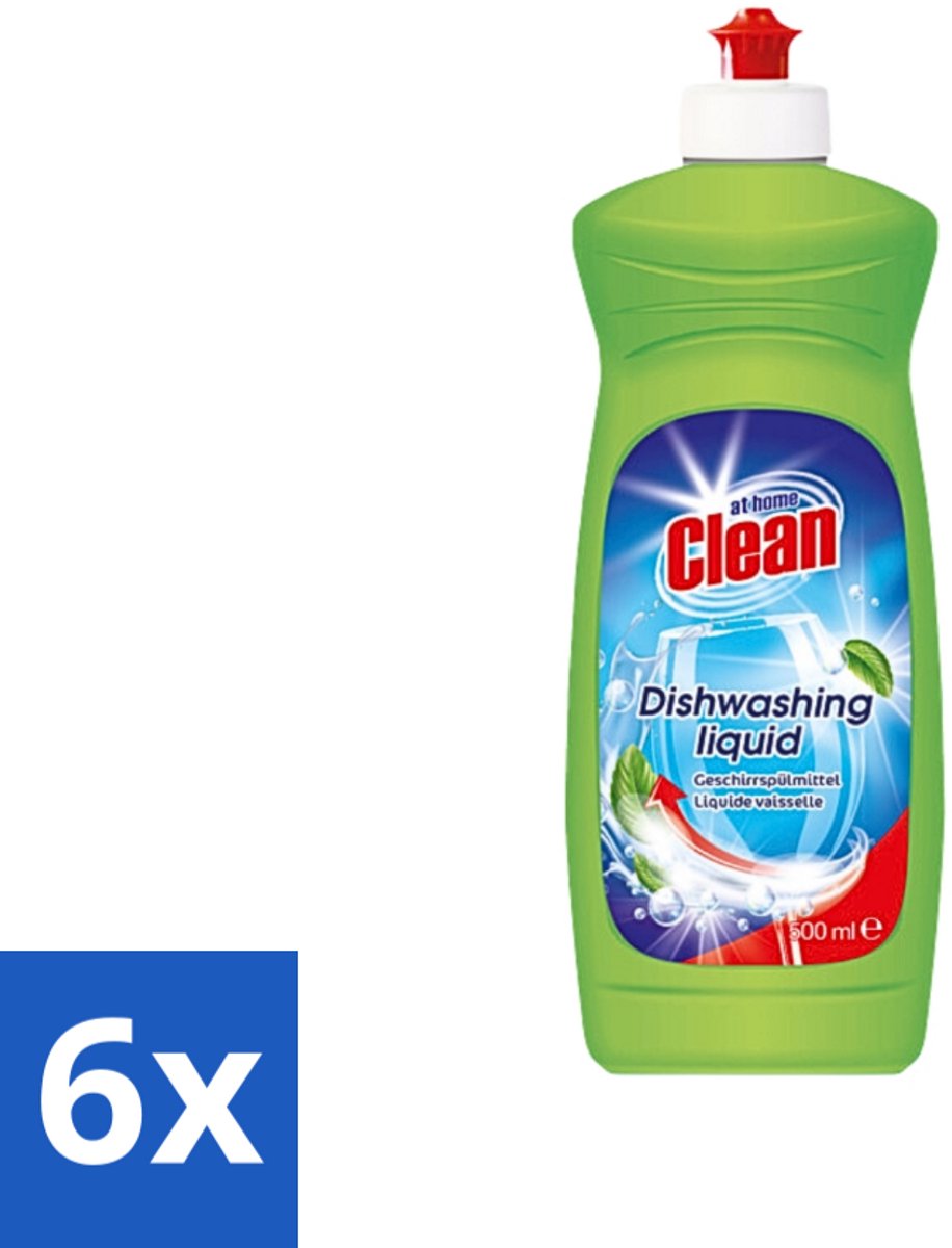 6 x At Home - Clean - Afwasmiddel - Ultra - Stralend Schone Vaat - 500 ml - Afwasmiddel - Vaat Reinigen - Vet Verwijderen - Schone Vaat - Mild Voor Handen