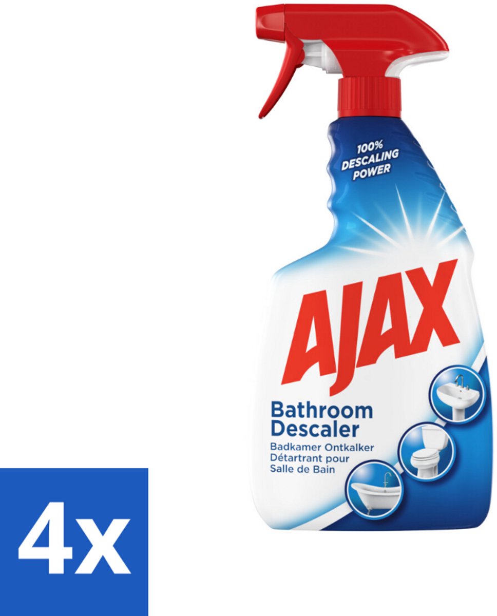 4 x Ajax Badkamerspray 750 ml - Badkamer Ontkalker - Ontkalker Spray - Hardnekkig Vet Verwijderen - Kalkaanslag Voorkomen - Badkamer Reinigen