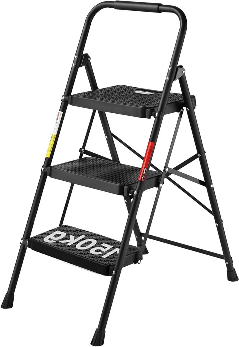 Opvouwbare Ladder - Driestaps Kruk - Klusjes in Huis - Brede Antislip Pedalen - 150 kg Capaciteit - Zwart