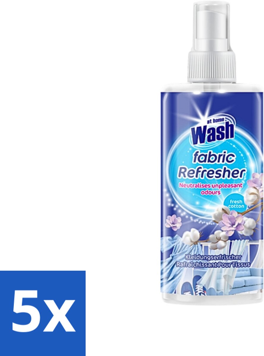 5 x At Home - Wash - Textielverfrisser - Fresh Cotton - Neutraliseert Onaangename Geuren - 300 ml - Textielverfrisser - Katoengeur - Geur Neutraliseren - Kleding Verfrissen - Stoffen Verfrissen