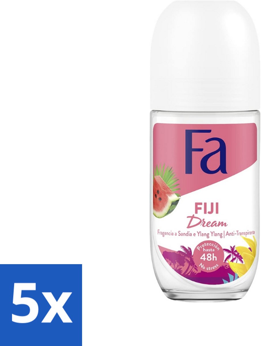 5 x Fa - Deodorant Roller - Fiji Dream - Watermeloen & Ylang Ylang - 48 uur Bescherming - 50 ml - Deodorant Roll-on - 48 Uur Bescherming - Watermeloen Geur - Ylang Ylang Geur - Huidvriendelijk