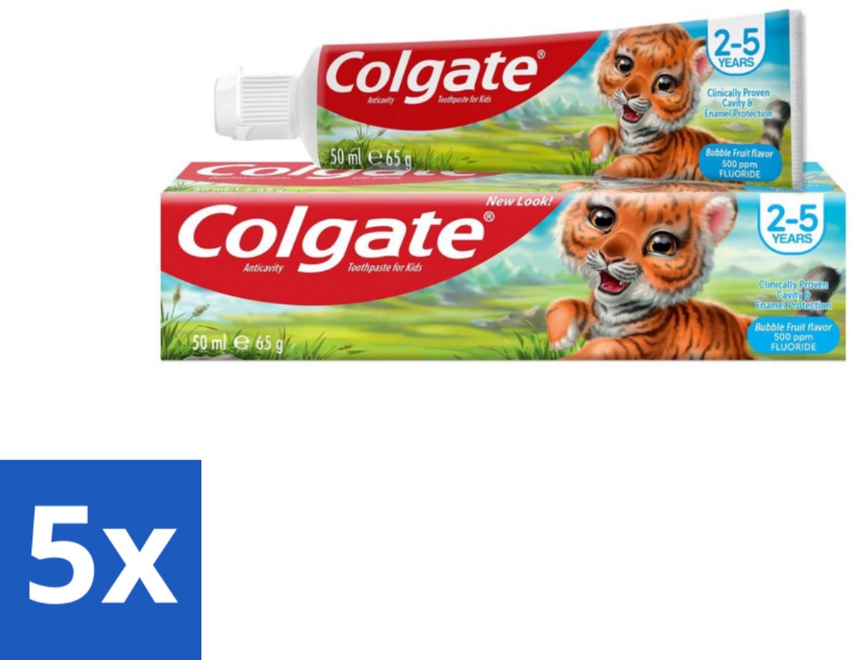 5 x Colgate - Bubble Fruit - Kindertandpasta - Voor 2 tot 5 jaar oud - 50ml - Kindertandpasta - Gaatjes Bestrijden - Melktanden Beschermen - Tandpasta Voor Kinderen - Bubble Fruit Smaak