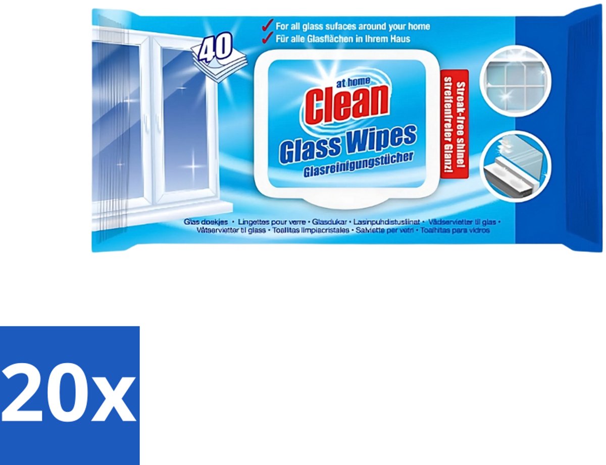 20 x At Home - Clean - Glas Reinigingsdoekjes - Reinigt Streepvrij - 40 Doekjes - Reinigingsdoekjes Glas - Streepvrij Reinigen - Glas Reinigen - Ruiten Reinigen - Spiegels Reinigen