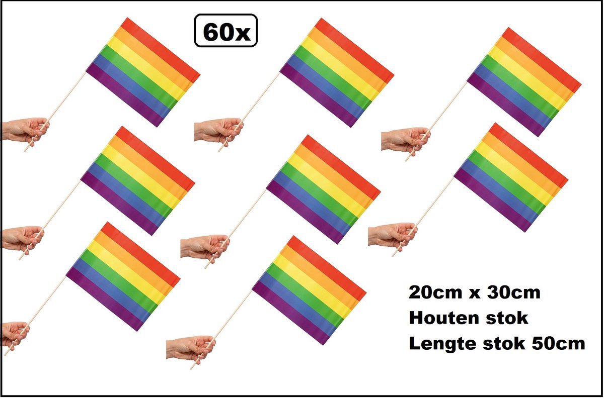 60 stuksLuxe Zwaaivlaggetjes op stok Regenboog 20cm x 30cm - lengte stok 50cm - Zwaai vlaggetjes Pride thema feest rainbow festival uitdeel