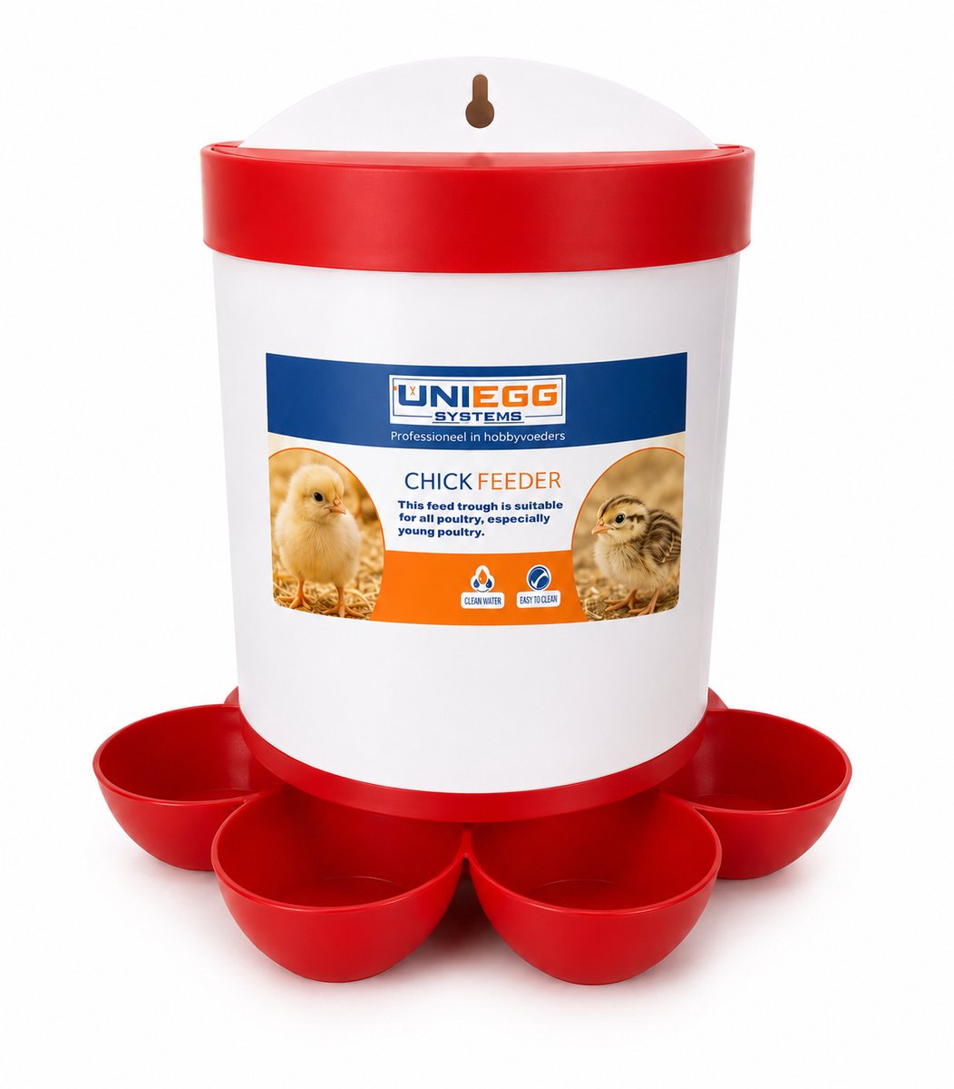 UniEgg® Voerbak 2kg met 4 voercups – voor Kuikens, Reptielen, Knaagdieren & Klein Pluimvee – in een Brooder, Kooi en Hok – Staand, Wandmontage & Gaasmontage – Inclusief S-haak