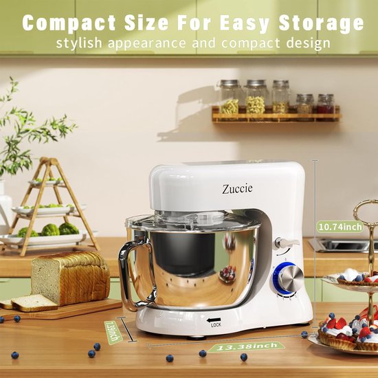 Keukenmachine - Kneedmachine Mixer - Bakken en Koken - Stille Krachtige Motor - 5.2 Liter Kom - Wit — afbeelding 5