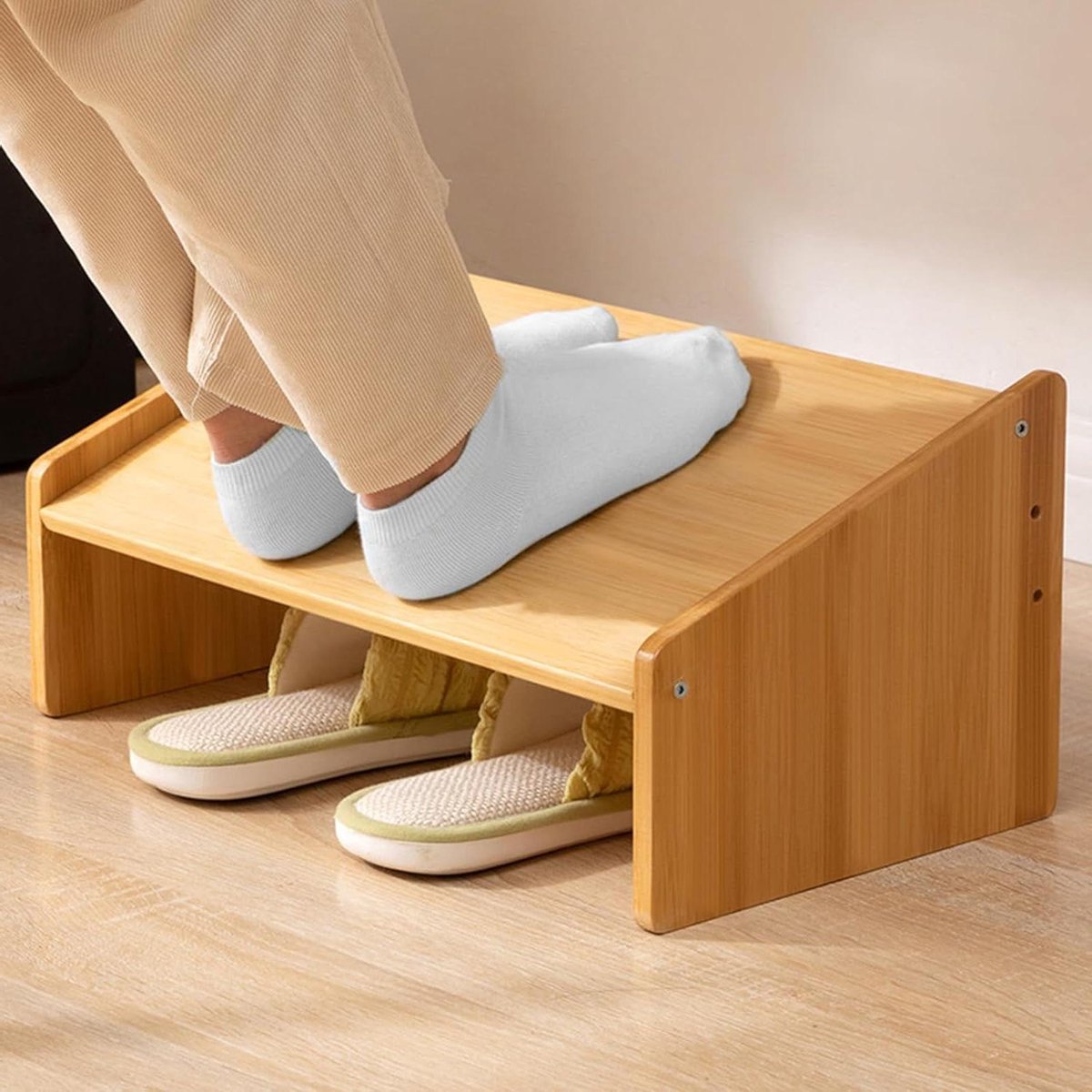 Houten voetensteun - Bureau voetenbank - Comfortabel werken - In hoogte verstelbaar - 42 x 24 cm - Houtkleur