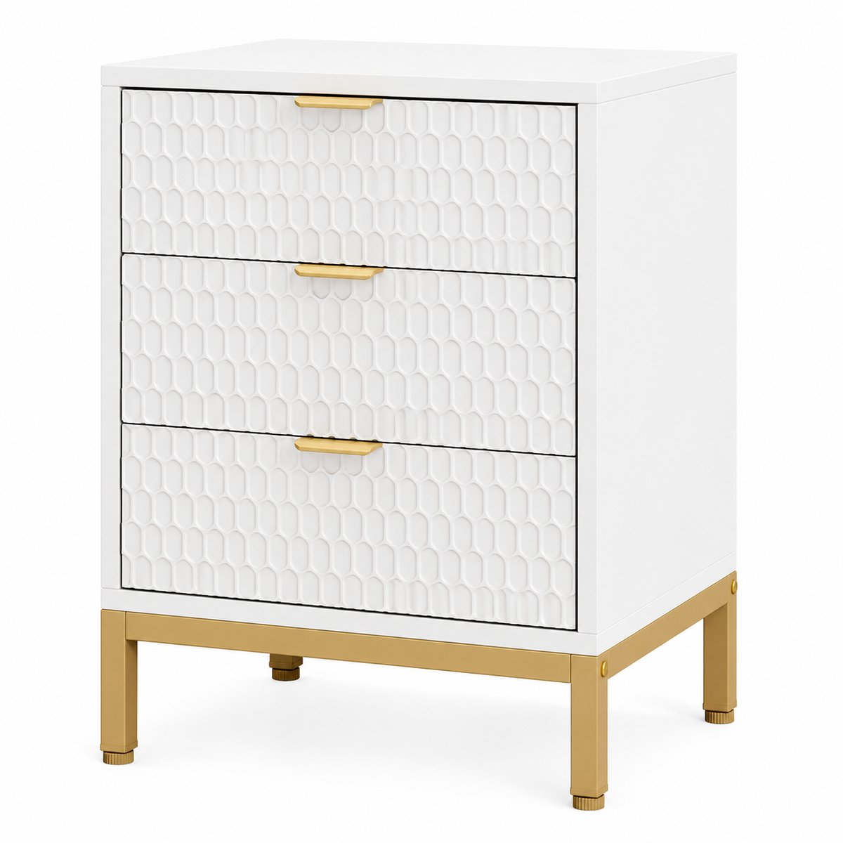 DMG Supply Nachtkastje met 3 Laden - Honingraatpatroon - 50 x 40 x 65,5 cm - Wit/Goud - Spaanplaat en Metaal