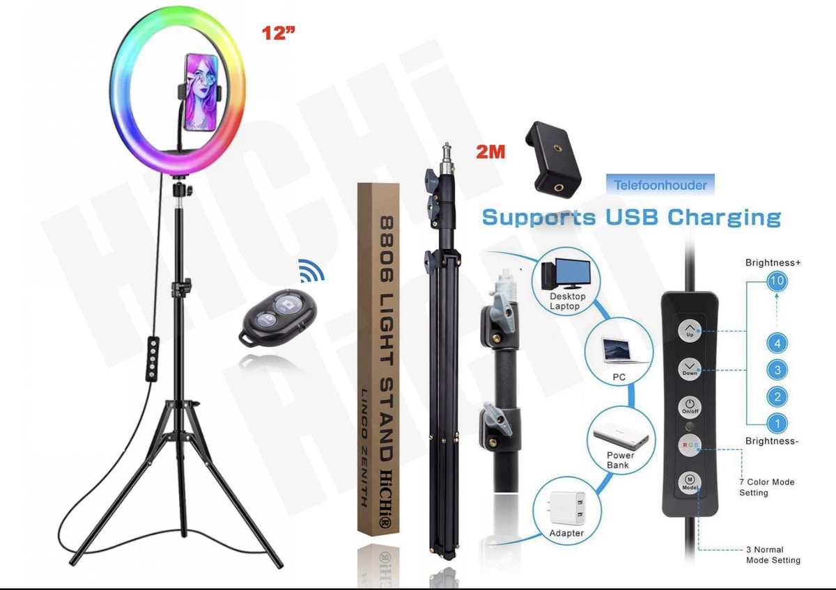 LED Ring Light 33Cm met Statief 210 CM hoog Inclusief Bluetooth afstandsbediening en Telefoonhouder - Smartphone Tripod - LED Ringlamp - Ring Light - flitser - Make-up light - Studiolamp – Fairco