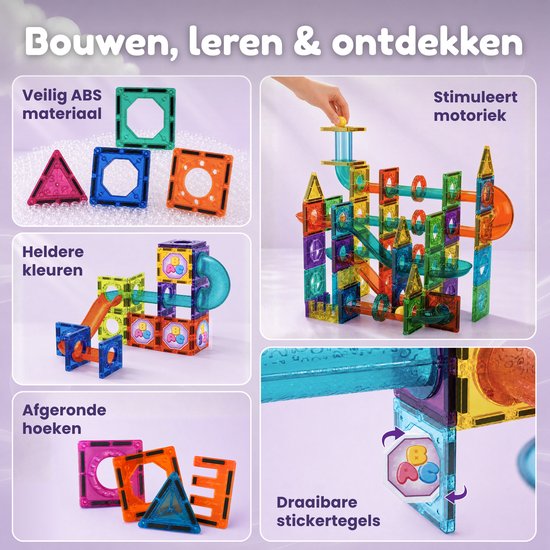 Collage met afbeeldingen van magnetische tegels: heldere kleuren, veilige ABS, ronde hoeken, knikkerbaan met motieksimulatie en stickertegels.