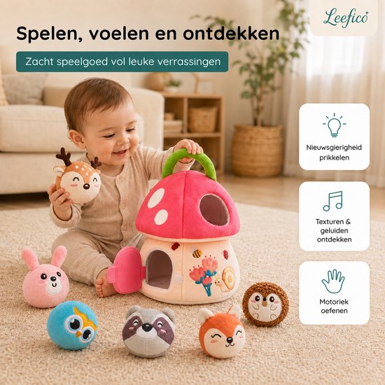 Leefico Pluche Speelgoed Paddestoel Roze - Sensorisch Baby Speelgoed voor Meisjes - Baby Speelgoed 6-12 maanden - Montessori Speelgoed voor Peuter Meisje - Kinderspeelgoed met Educatieve Activiteiten - Baby Cadeau voor Meisjes van Leefico — afbeelding 5