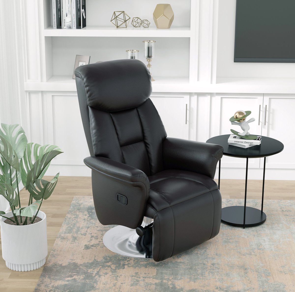 REDOM - Relaxfauteuil - Handmatig verstelbaar - 360° draaibaar - Uitklapbare voetensteun - Kunstleer - Woonkamer en slaapkamer - Zwart - 78 x 80 x 109 cm