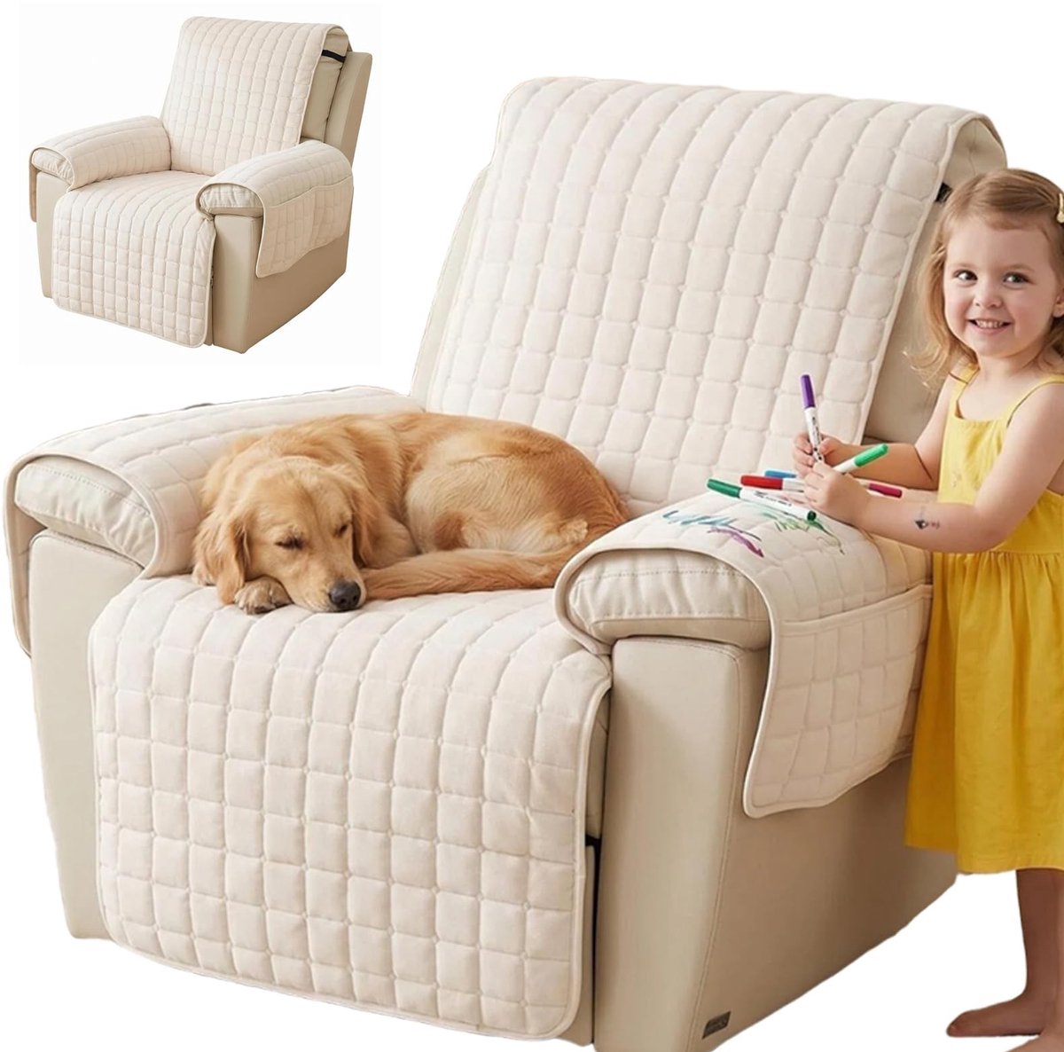 Elzusha - Stoelbeschermer voor Relaxfauteuil met Opbergzakken (53 x 190 cm)