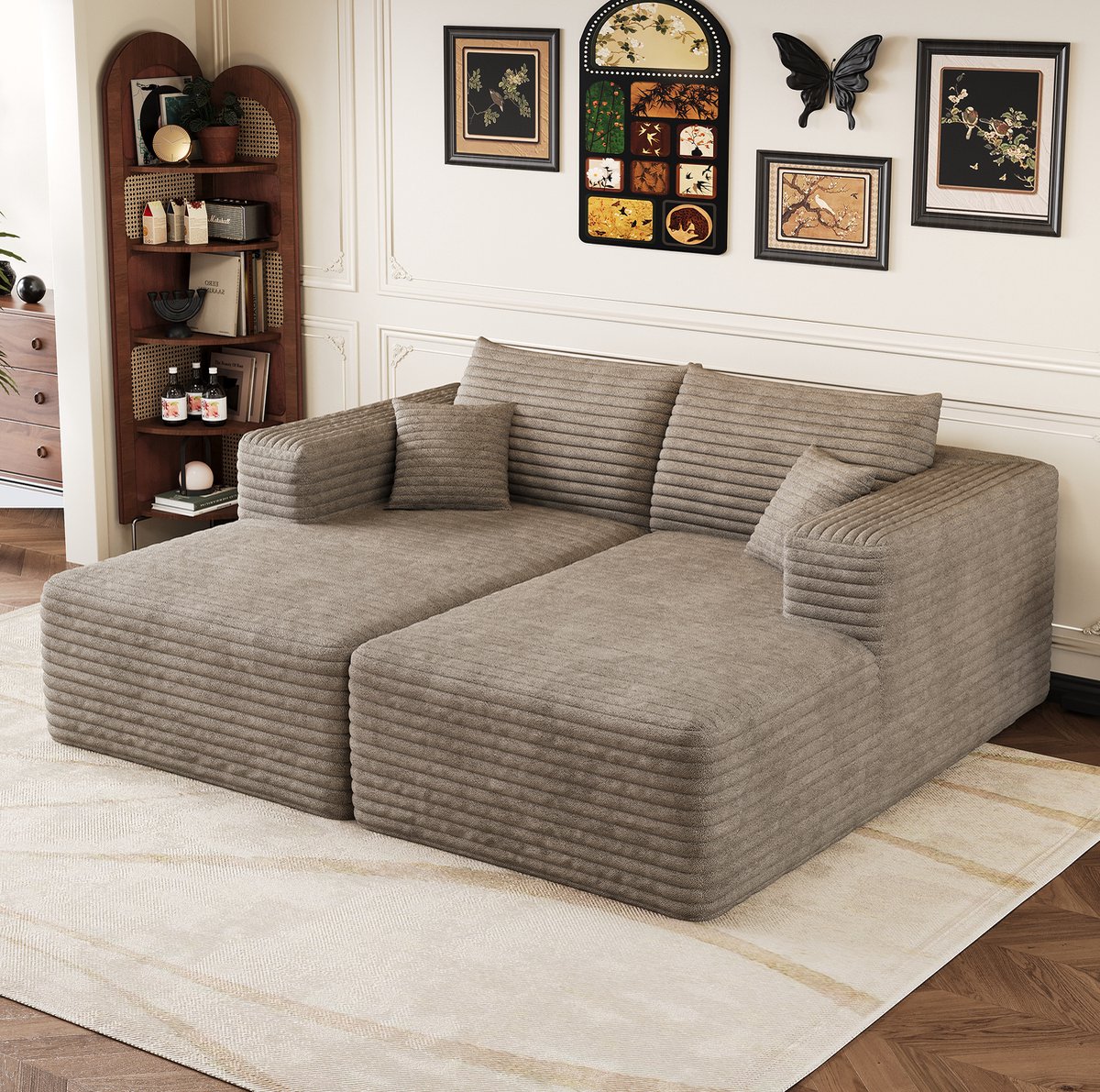 FloraGrace Slaapbank – 2-Zits Modulaire Hoekbank Met Chaise Longue – Zonder Montage, In Ribfluweel – Voor Woonkamer Of Slaapkamer – Camel