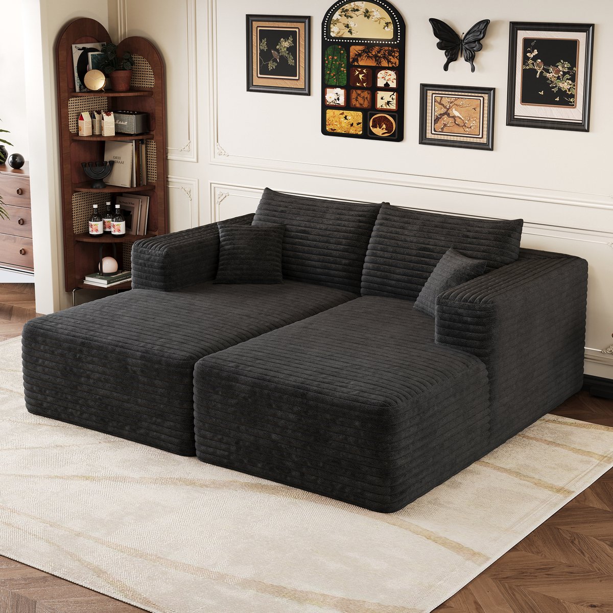 FloraGrace Modulaire Slaapbank 180 x 151 cm – Zachte Corduroy Hoekopstelling – Voor Woonkamer en Slaapkamer – Stof – Zwart