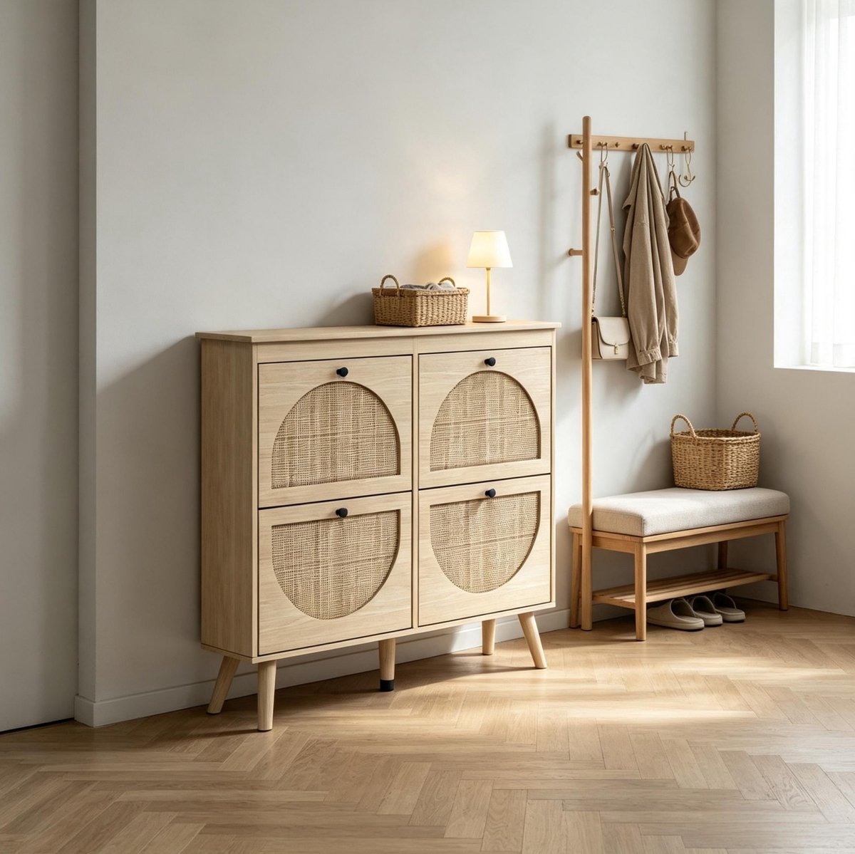 STILVORA Schoenenkast - 4 Kleppen Met Rieten Front - Boho Design Voor Hal En Gang - Spaanplaat En Hout - Natuurlijke Houtkleur - 105x24x97,5 Cm