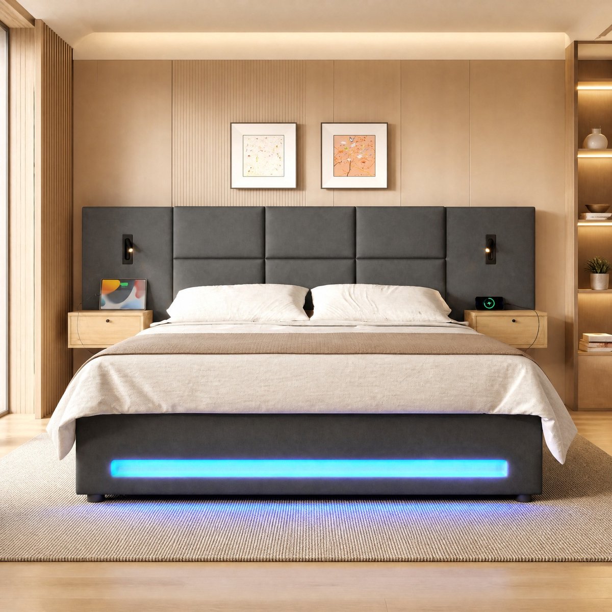 Wishdor Tweepersoonsbed 180x200 cm - Opberglades en ledverlichting - Usb-c aansluitingen en hydraulische opbergruimte - Samtstof en metaal - Donkergrijs