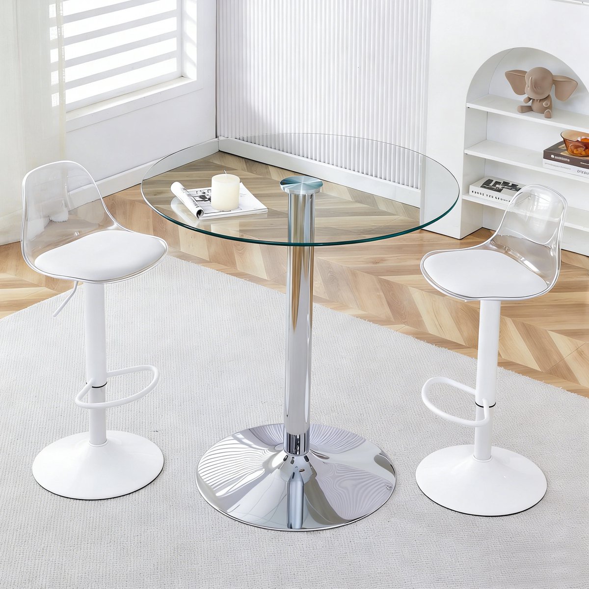 Wishdor Barset met glazen tafel en 2 barkrukken - Verstelbaar en 360° draaibaar - Transparant en wit - Modern voor keuken bar café lounge - Metaal en kunststof - Ø 89 cm