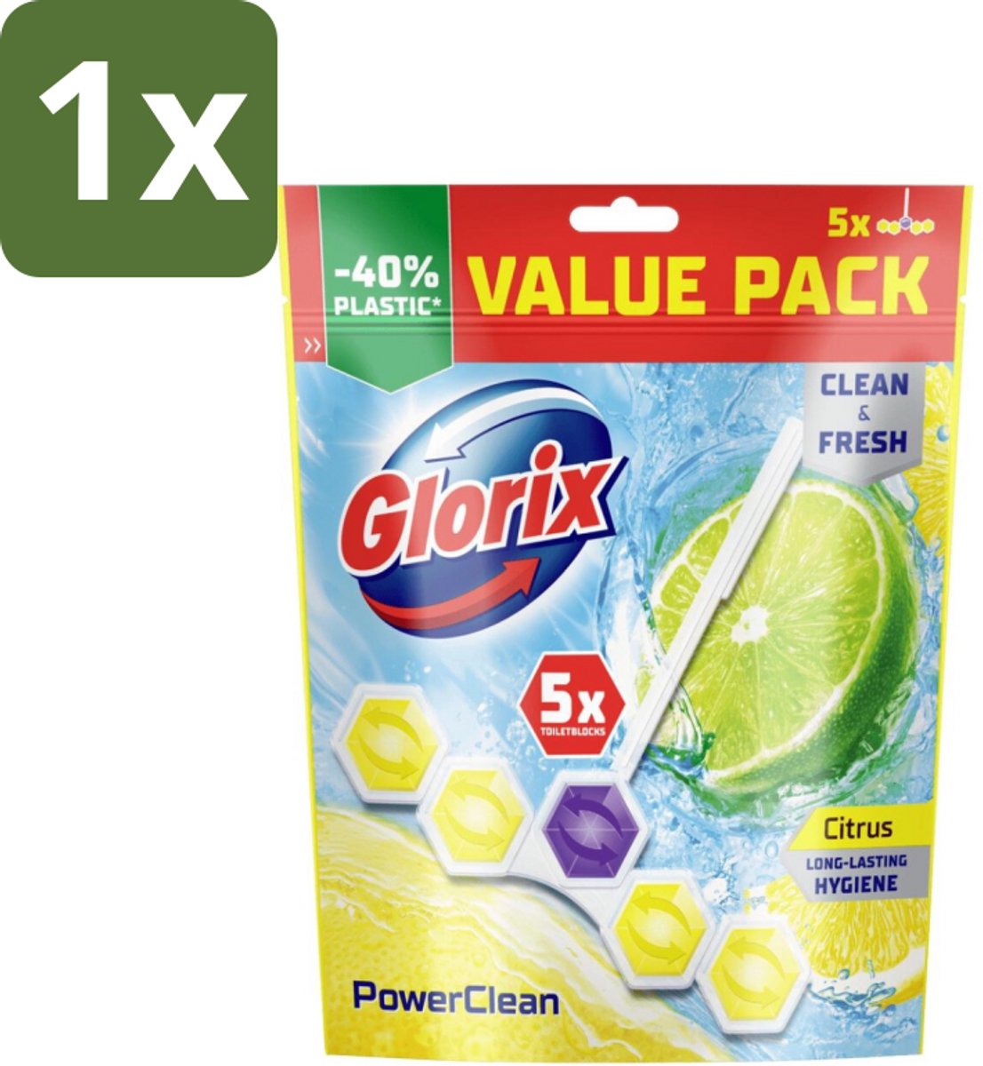 Glorix - Power Clean - Toiletblok - Citrus - Hersluitbare Verpakking - 5 Blokken - 1 stuk