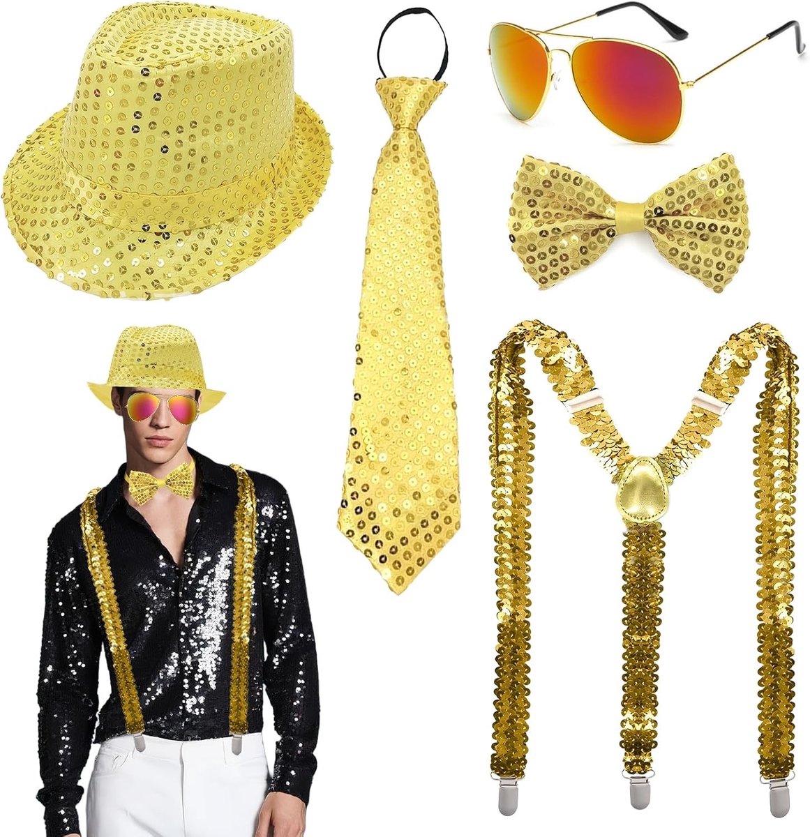 Glitter Outfit voor Mannen met Pailletten, Glimmende Hoed en Strik, Retro Disco Kostuum Accessoires voor Carnaval en Feestjes