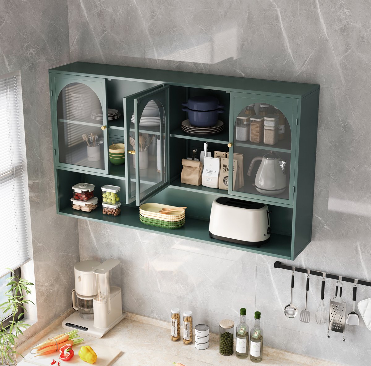 Wandkast Met Vier Glazen Deuren - Ruimtebesparende Opbergkast Voor Keuken En Woonkamer - Metaal En Glas - Donkergroen - 120 Cm
