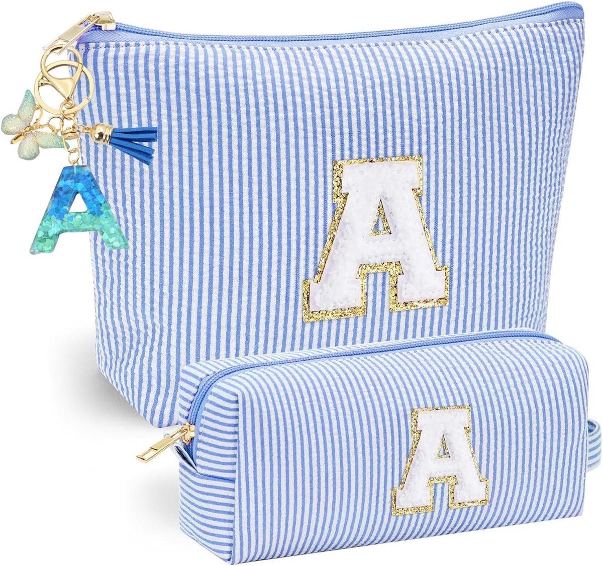 Persoonlijke Blauwe Make-up Tas met Sleutelhanger, Vlinder Kwastje en Initialen voor Vrouwen en Meisjes, Reis Make-up Tas voor Cosmetica en Accessoires