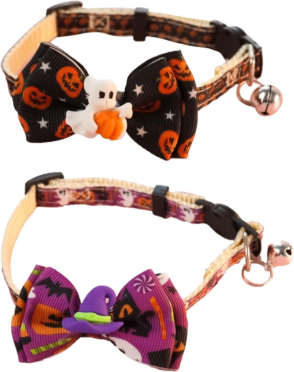 Halloween halsbanden voor huisdieren - 2 stuks zachte halsbanden met vlinderdas, spook en hoed patroon, verstelbaar voor honden en katten, decoratieve kraag voor feestdagen