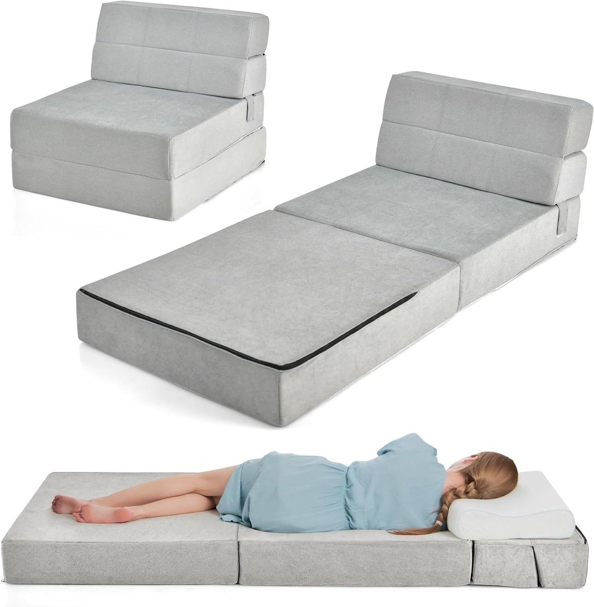 Opvouwbare Bank - Zitbank Matras - Gasten Ontvangen - 3-in-1 Functie - 190 cm Lengte - Grijs