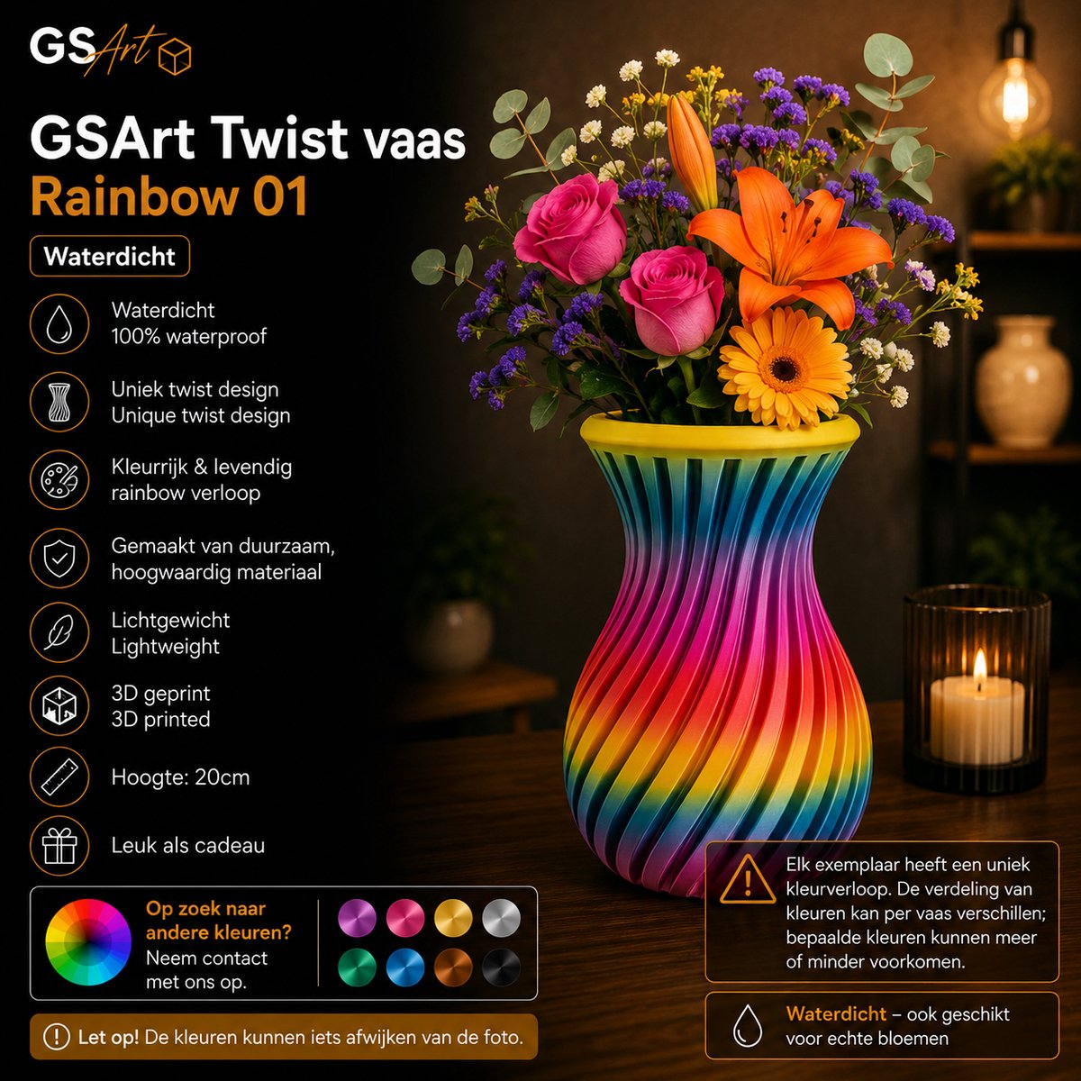 GSArt Twist Vaas Rainbow 01 – Waterdicht – 20 cm – Uniek Kleurverloop