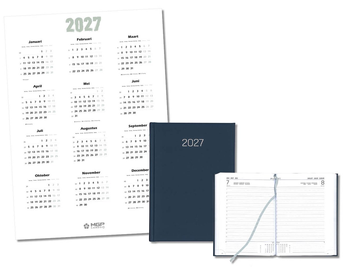 MGPcards - Bureau Dag-agenda 2027 - H42 Padua - A5 - 1 dag per pagina - 6-talig - Gewatteerde omslag - 14.8 x 21 cm - Mat Donkerblauw + Jaar kalender - Kalender 2027 - Wandplanner - Jaarplanner - Grote planner - A2 formaat - Poster - 42 x 59,4 cm