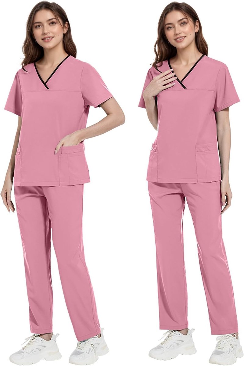 Professionele V-hals Scrub Set met Korte Mouwen en Elastische Taille - Multi-Pocket Stretch Uniform voor Dokters, Verpleegkundigen en Dierenartsen - Comfortabele Werkoutfit